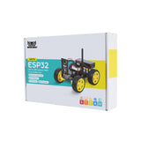 ESP32-CAM 4WD smart robot car kit packaging showing the assembled robot with WiFi camera and app control