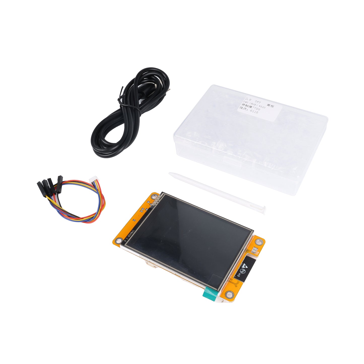 ESP32 LVGL 2.8 inch 240x320 smart display with resistive touch, stylus, cables, and plastic storage box