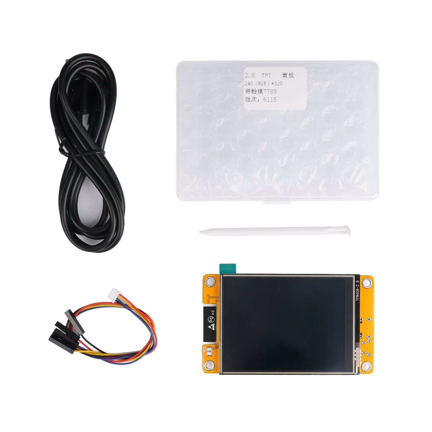 ESP32 LVGL 2.8 inch 240x320 smart display with resistive touch, USB cable, stylus, and jumper wires