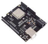 ESP32 UNO D1 R32 development board showing WiFi Bluetooth module, USB Type-B port, and pin headers