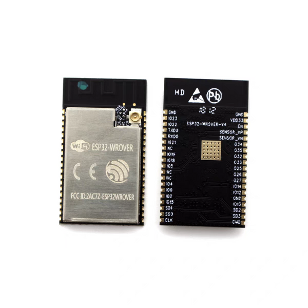 ESP32-WROVER 4MB PSRAM WiFi and Bluetooth module showing front metal shield and back pin labels