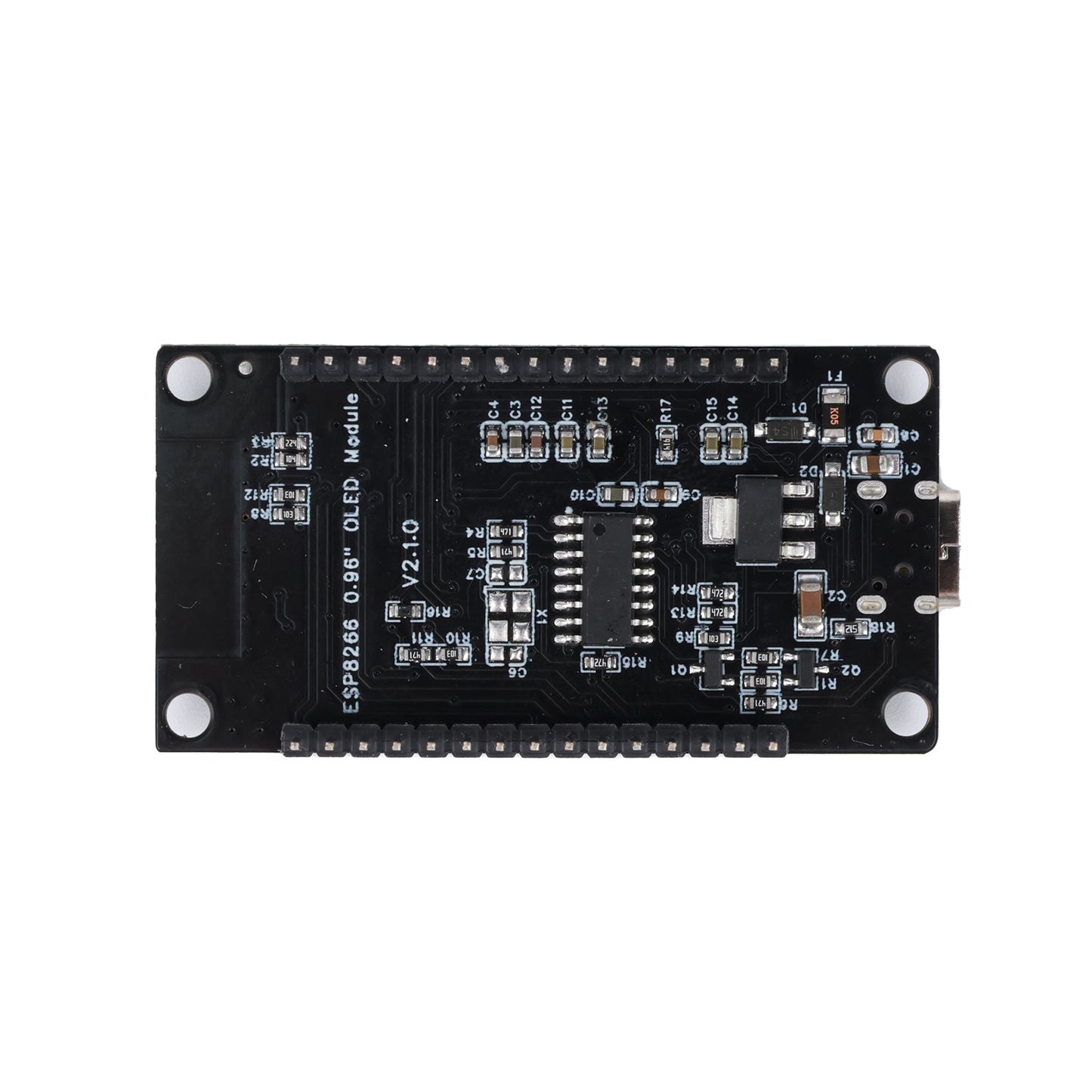 Back side of ESP8266 NodeMCU development board with 0.96 inch OLED display showing electronic components and pin headers