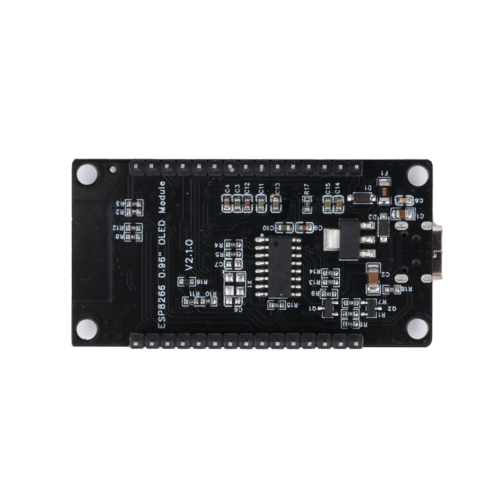 Back side of ESP8266 NodeMCU development board with 0.96 inch OLED display showing electronic components and pin headers