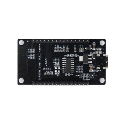Back side of ESP8266 NodeMCU development board with 0.96 inch OLED display showing electronic components and pin headers