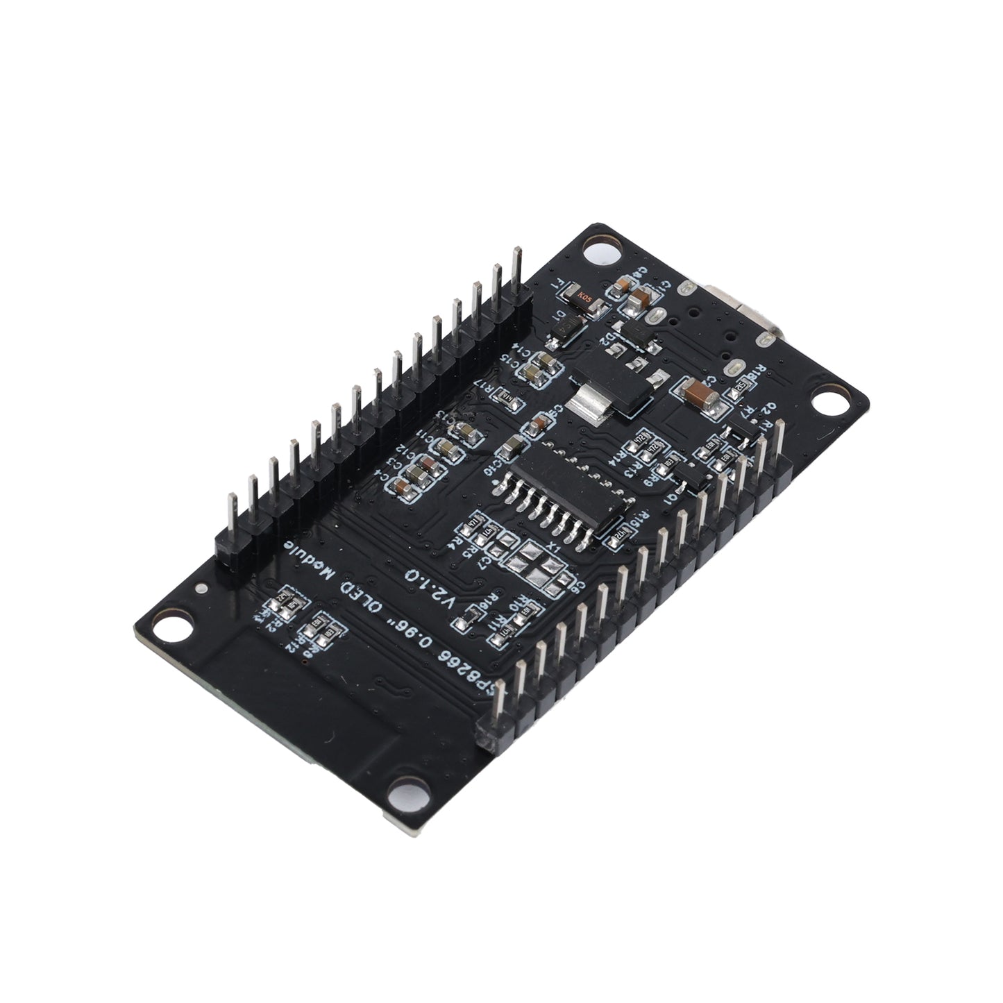 Close-up of ESP8266 NodeMCU development board showing pin headers and circuit components