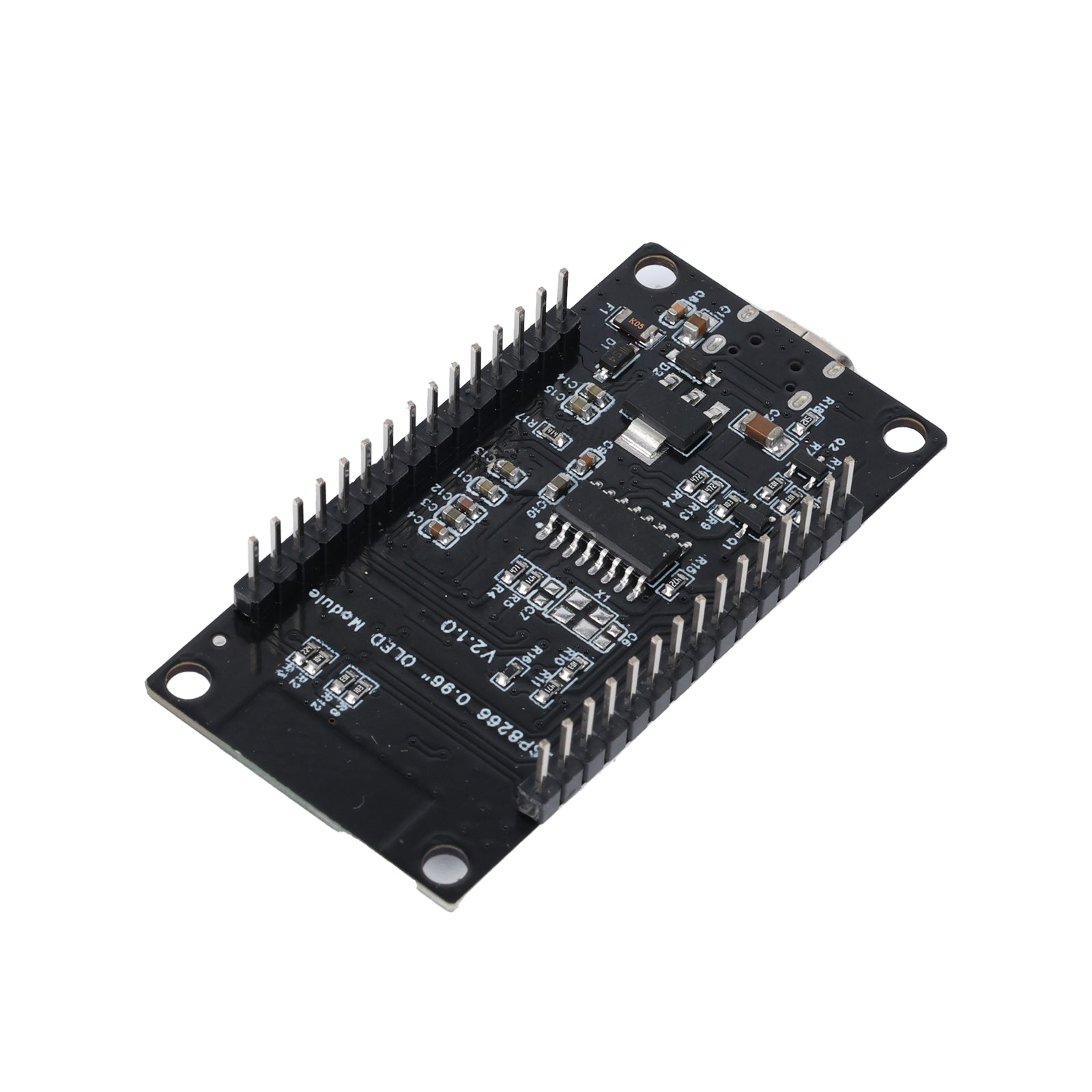 Close-up of ESP8266 NodeMCU development board showing pin headers and circuit components
