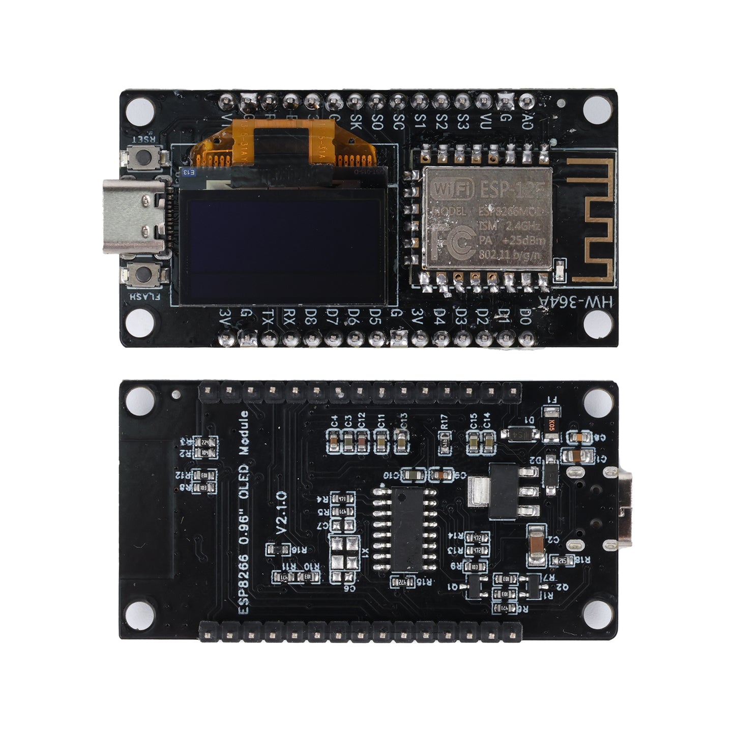 ESP8266 NodeMCU development board with 0.96 inch OLED display showing front and back sides with Type-C port
