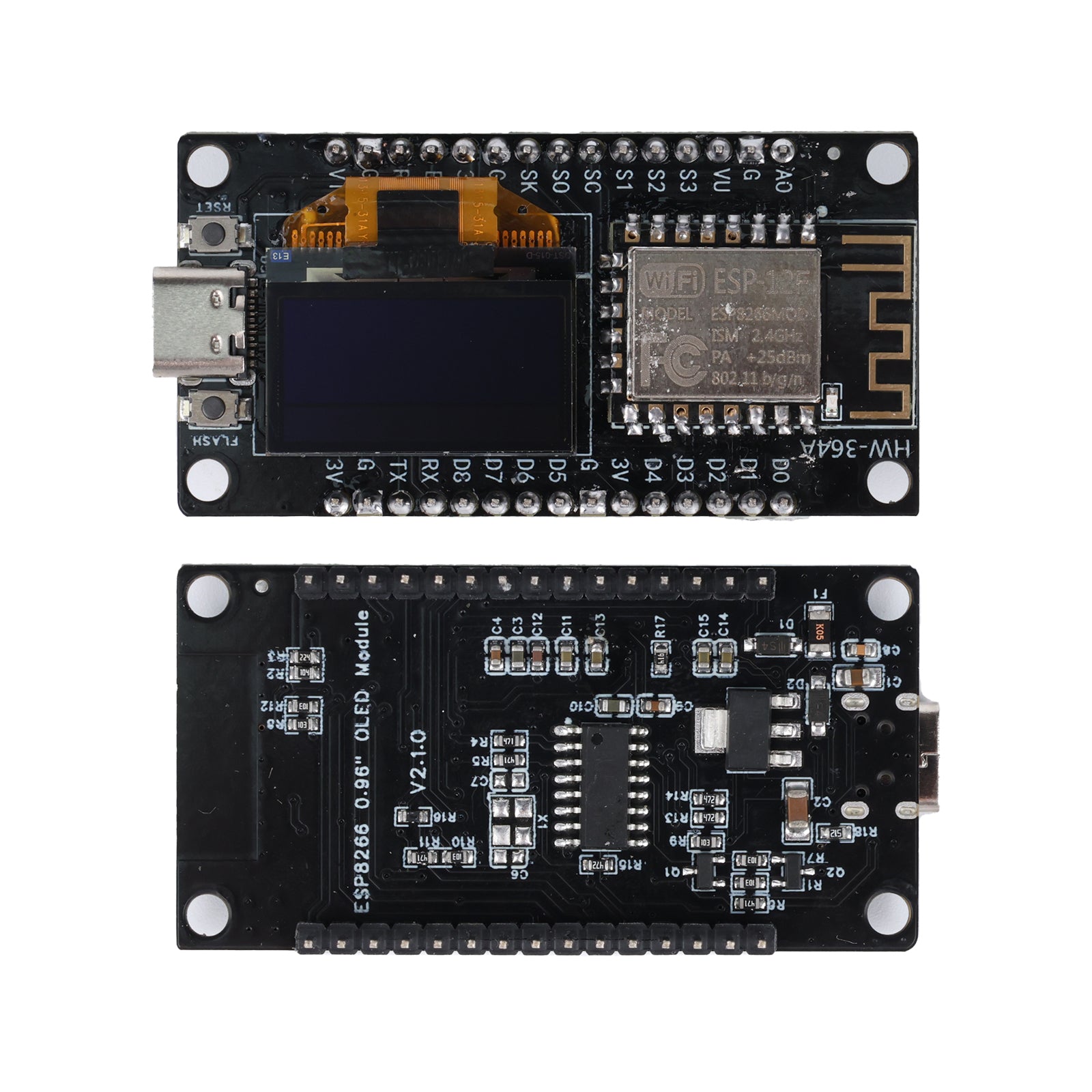 ESP8266 NodeMCU development board with 0.96 inch OLED display showing front and back sides with Type-C port