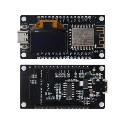 ESP8266 NodeMCU development board with 0.96 inch OLED display showing front and back sides with Type-C port