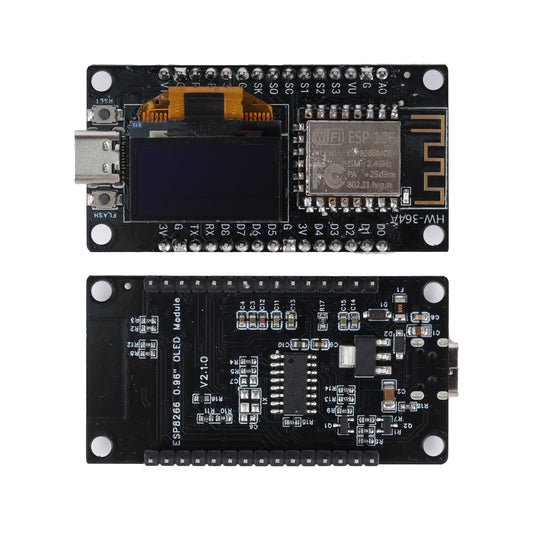 ESP8266 NodeMCU development board with 0.96 inch OLED display showing front and back sides with Type-C port