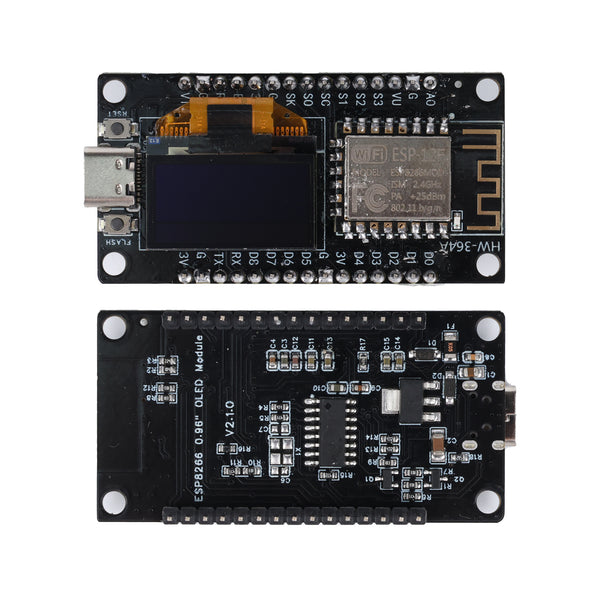 ESP8266 NodeMCU development board with 0.96 inch OLED display showing front and back sides with Type-C port