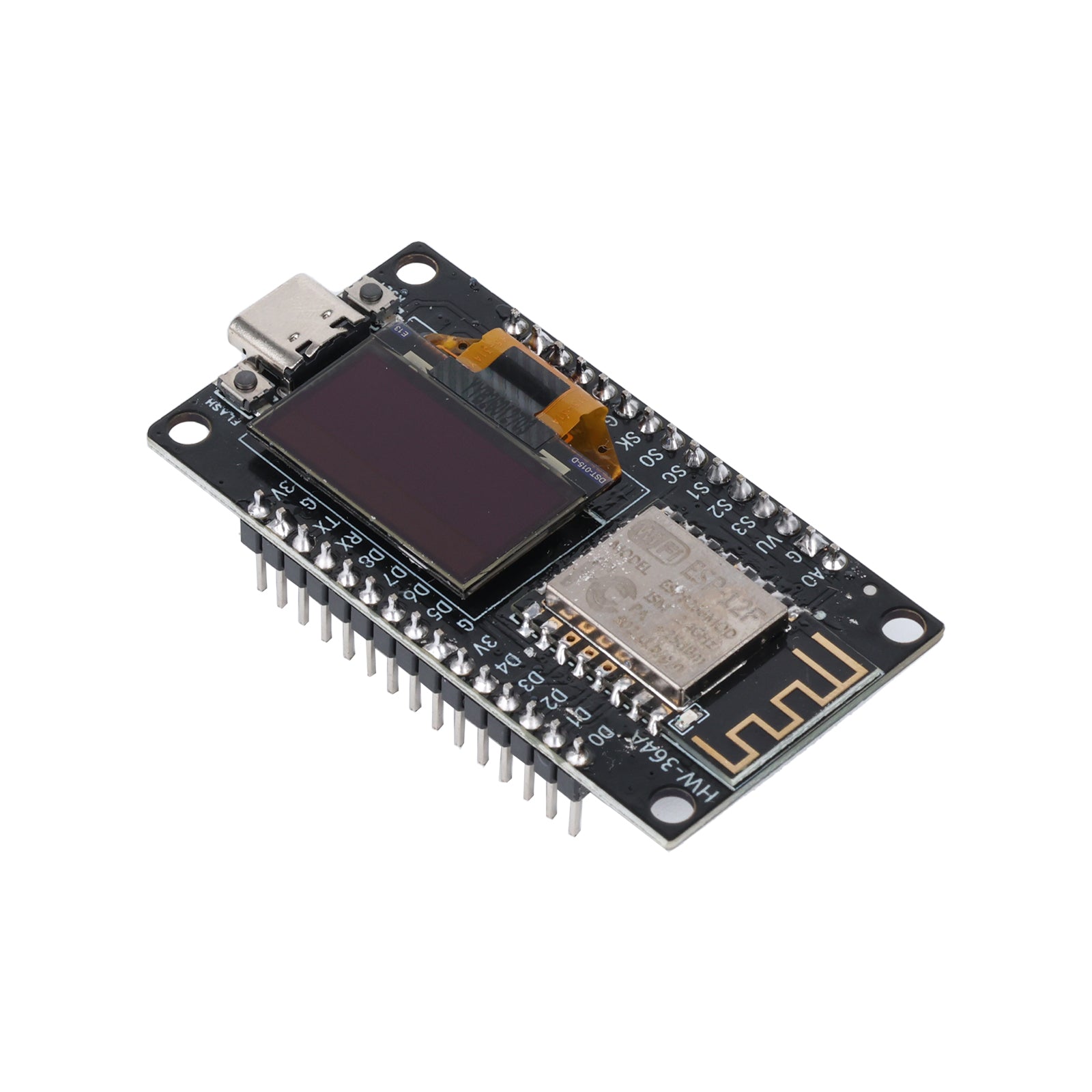 ESP8266 NodeMCU development board with 0.96 inch OLED display and Type-C port, angled top view
