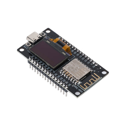 ESP8266 NodeMCU development board with 0.96 inch OLED display and Type-C port, angled top view