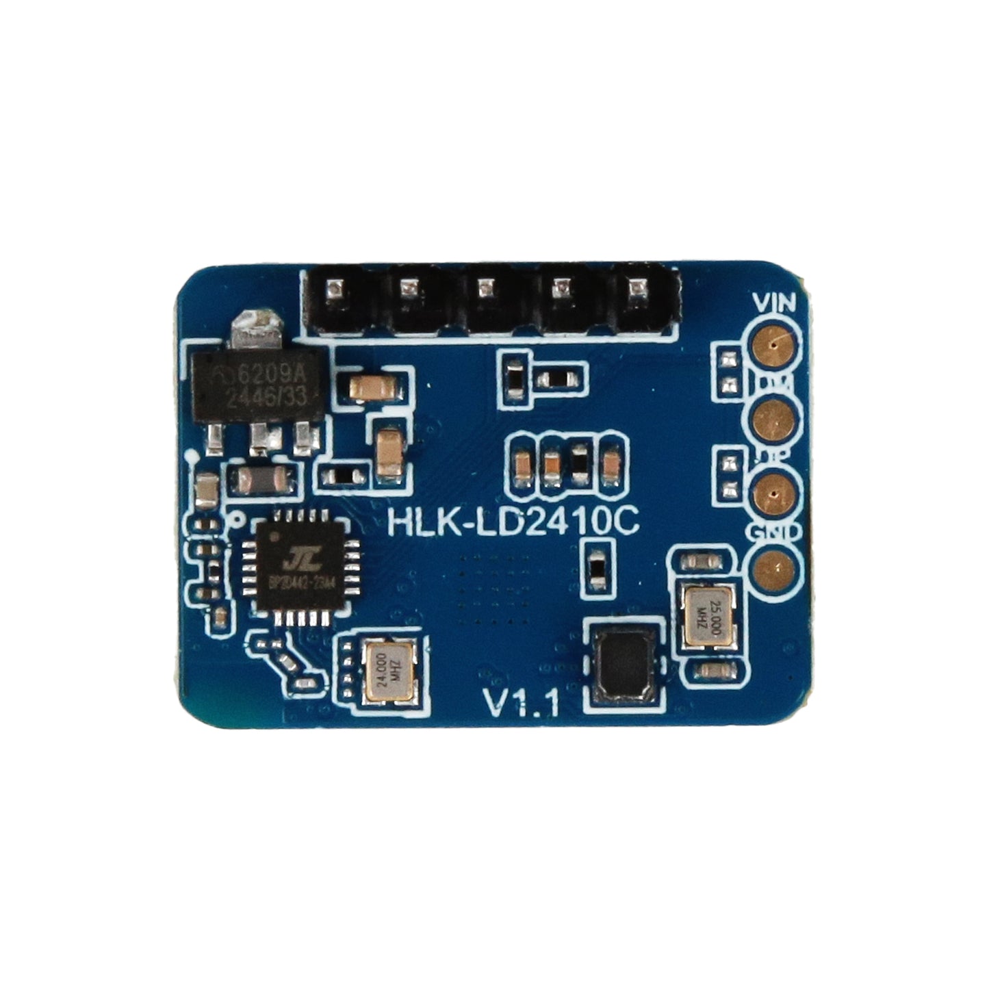 HLK-2410C human presence radar motion detection module top view showing components and pin labels