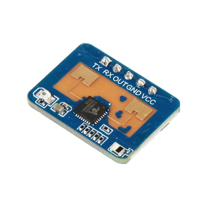 Close-up of HLK-2410C human presence radar motion detection module with labeled pins and circuit details