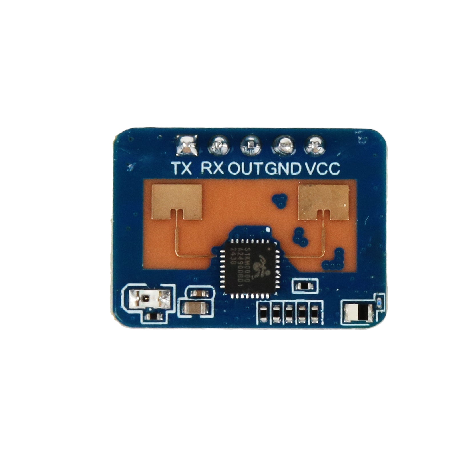 HLK-2410C human presence radar motion detection module showing TX RX OUT GND VCC pins and circuit components