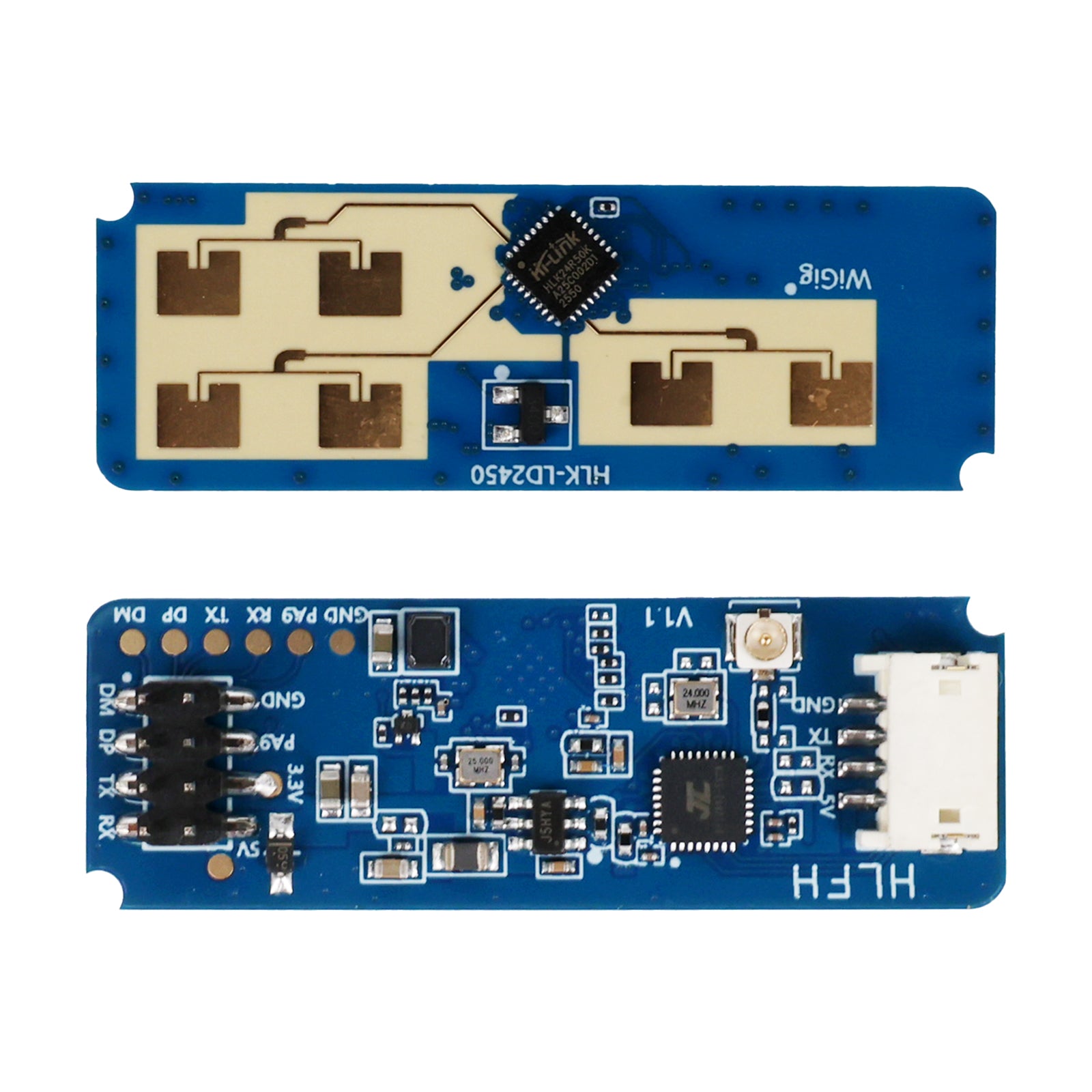 HLK-LD2450 24GHz mmWave radar human body tracking sensor module showing top and bottom PCB sides