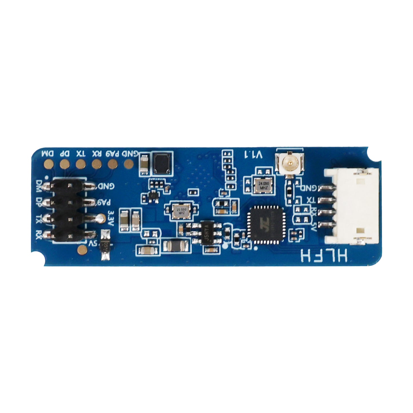 Top view of HLK-LD2450 24GHz mmWave radar sensor module with electronic components and connectors