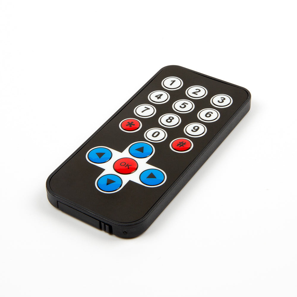 HX1838 infrared remote control with numeric and directional buttons on black casing