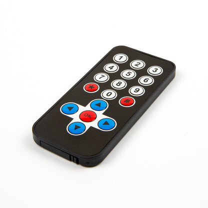 HX1838 infrared remote control with numeric and directional buttons on black casing