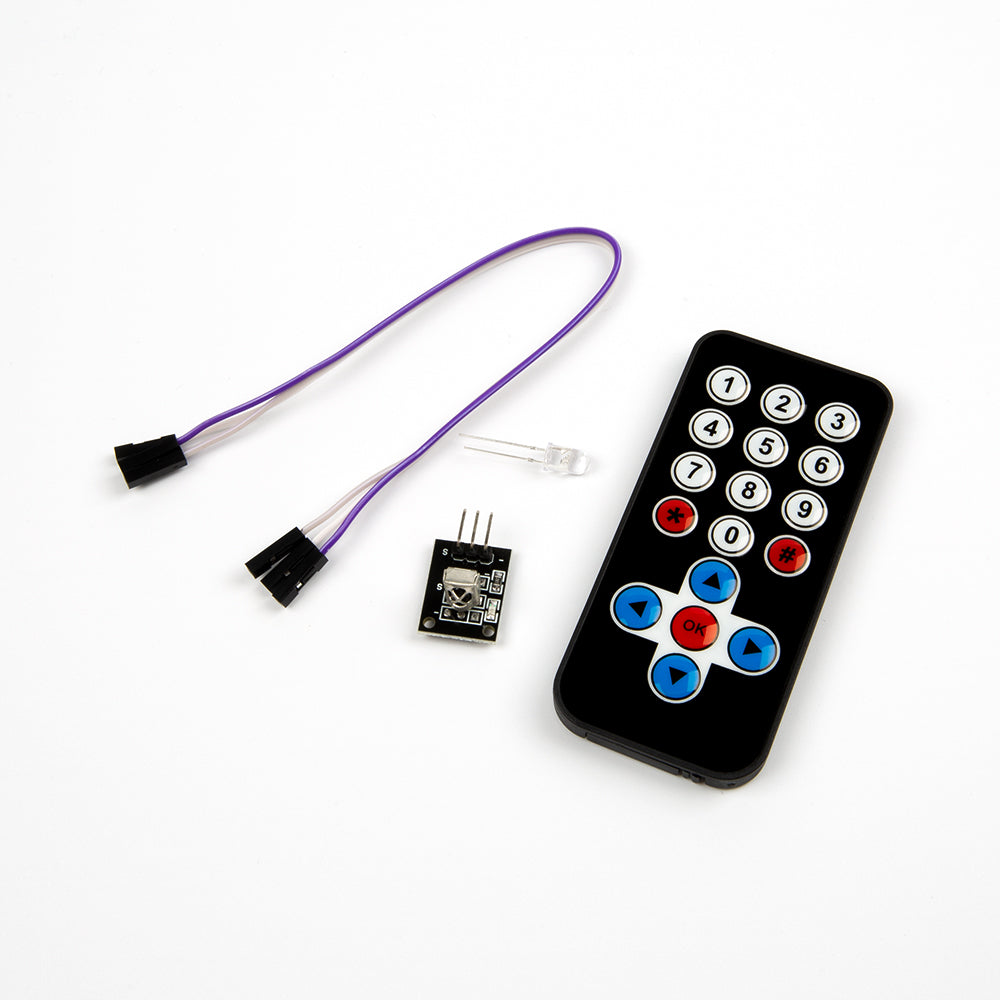 HX1838 infrared remote control module kit with remote, sensor module, LED, and connecting wires