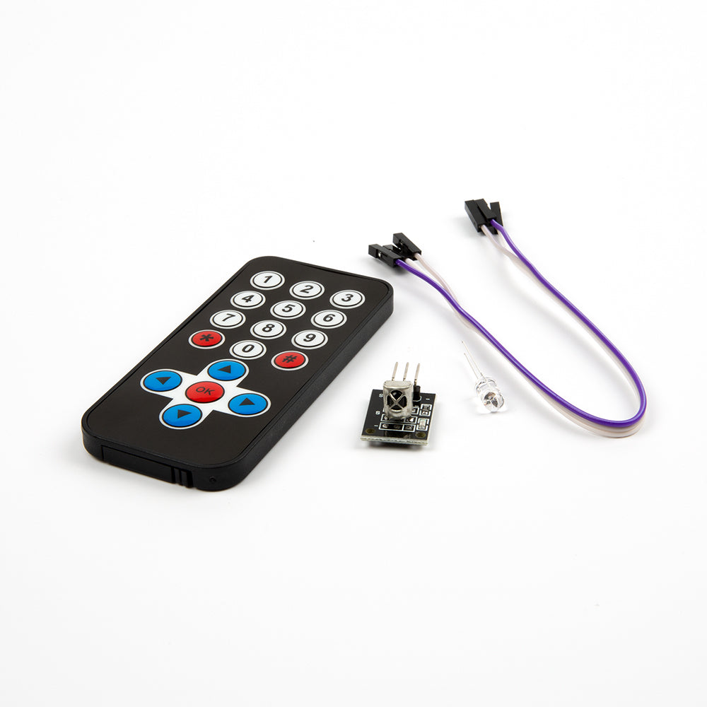 HX1838 infrared remote control module kit with remote, sensor module, led, and connecting wires