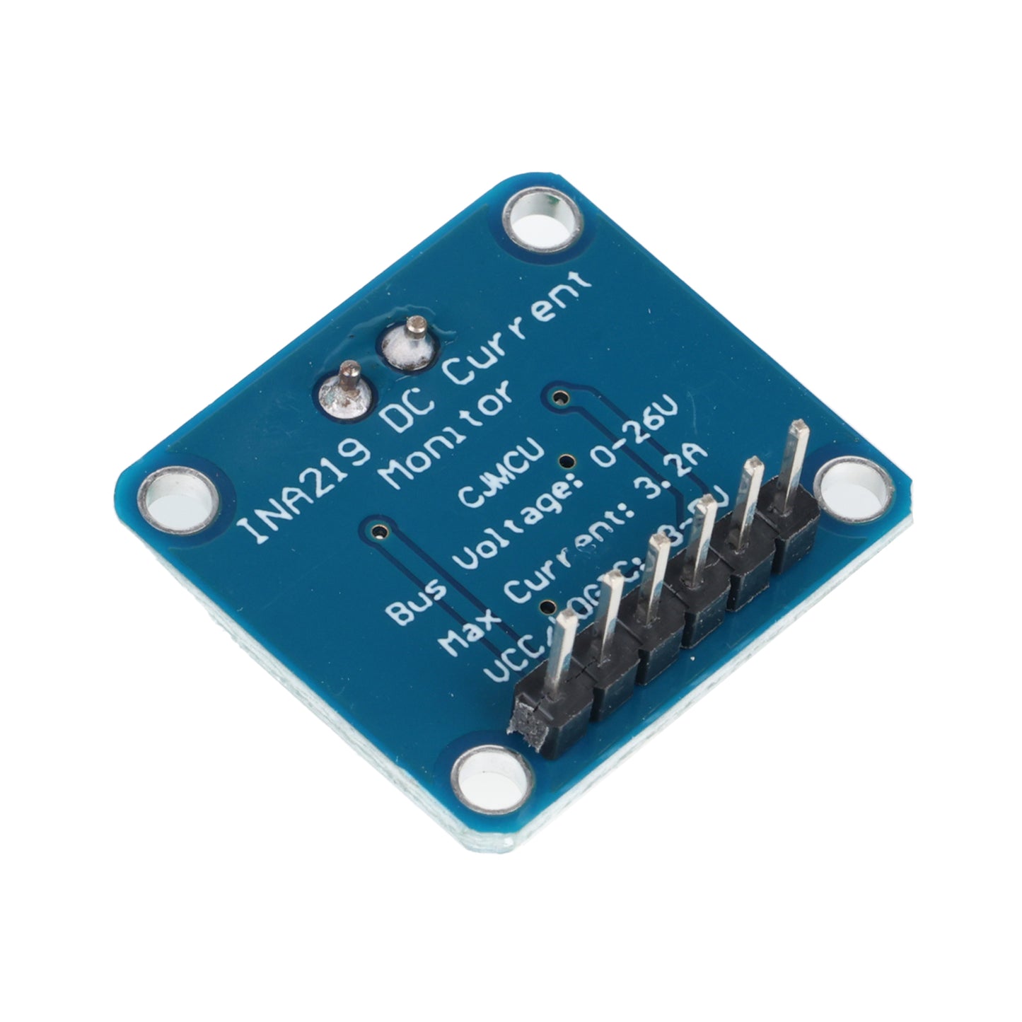 Back side of INA219 DC current monitor sensor module showing pin headers and printed specifications