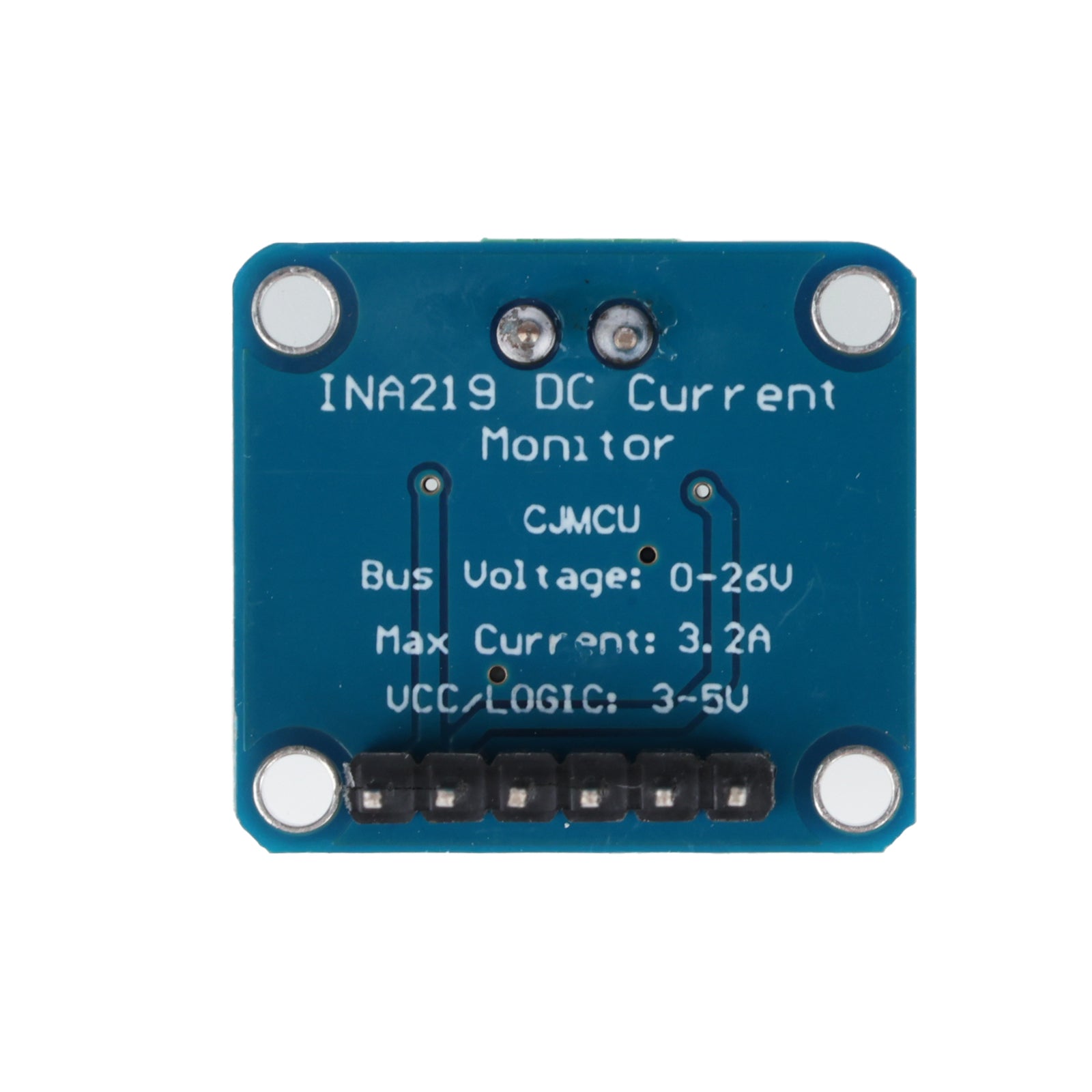 Back side of INA219 DC current monitor sensor module showing technical specifications and pin headers