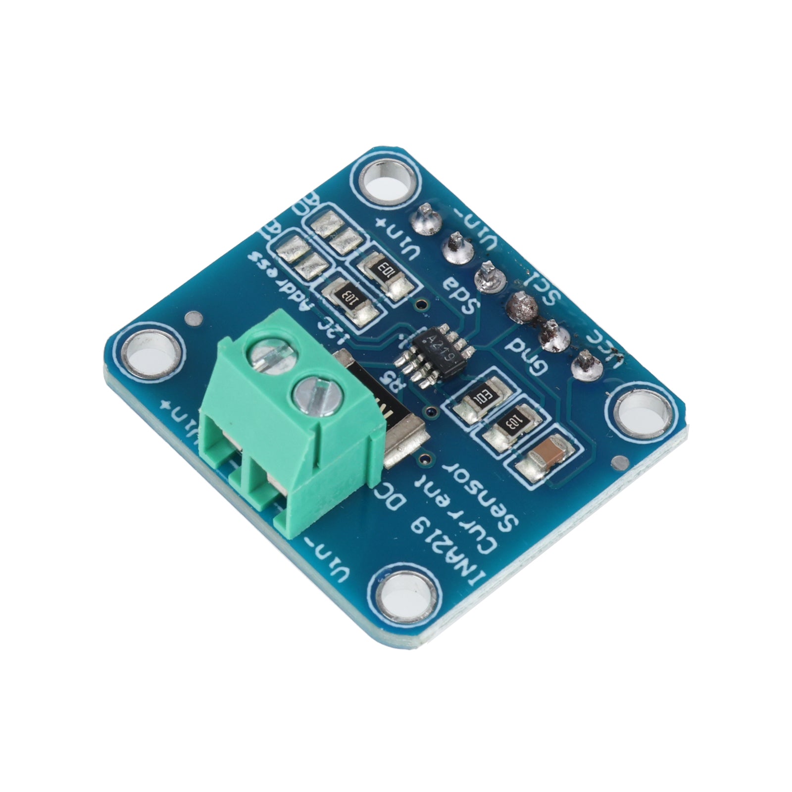 Close-up of INA219 I2C bi-directional current and power monitoring sensor module showing terminal block and soldered pins