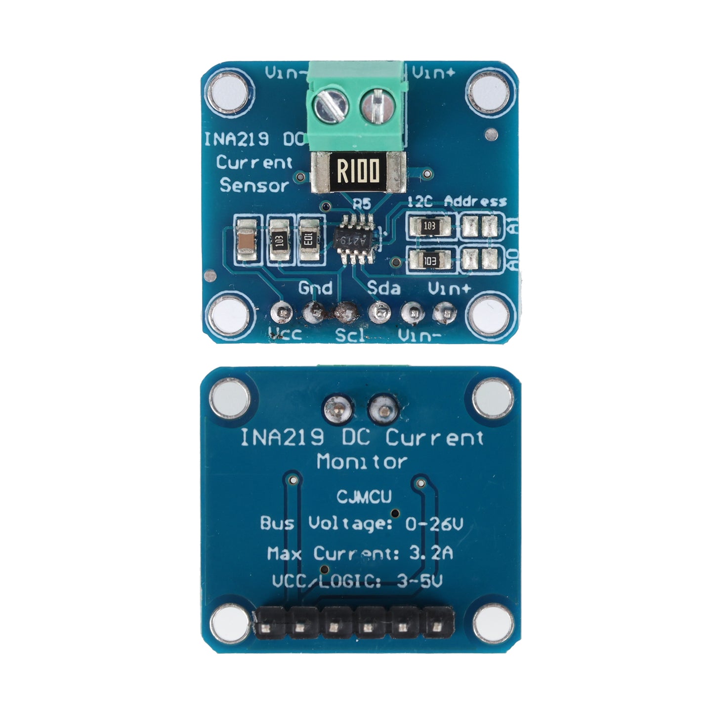 INA219 I2C bi-directional current and power monitoring sensor module showing front and back sides with component details