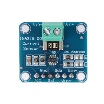 Close-up top view of INA219 I2C bi-directional current sensor module with resistor and screw terminals