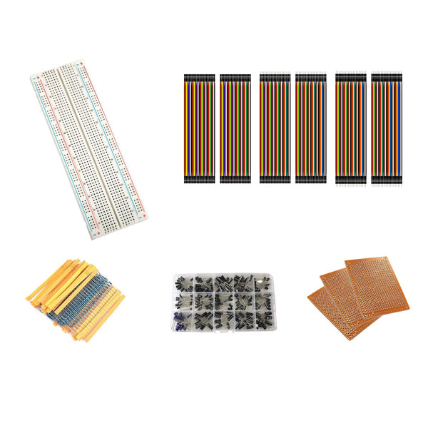 Bench electronics kit with an 830-point breadboard, 120 jumper wires, resistor and capacitor assortments, and three perfboards.