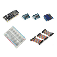 ESP32-S3 kit with two MPU6050 motion sensors, a blue OLED display, 400-point breadboard and jumper wire set.