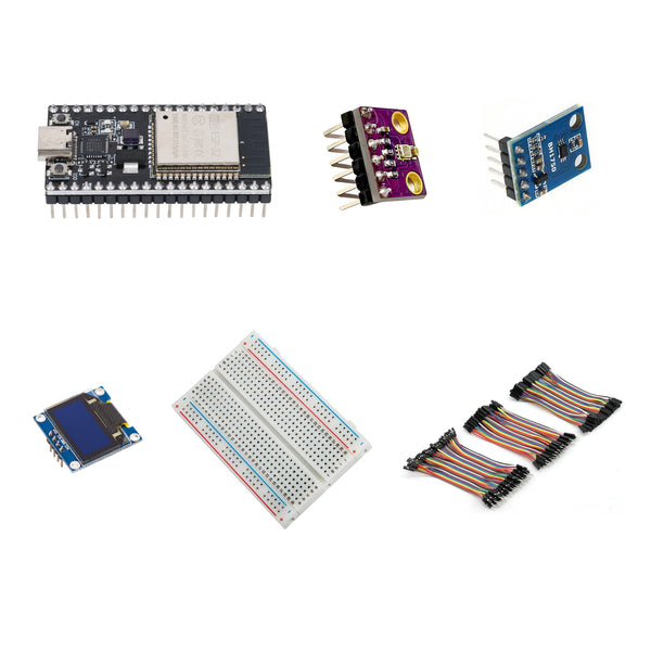 Environment kit with ESP32, BME280 and BH1750 sensors, white OLED display, 400-point breadboard and jumper wires.