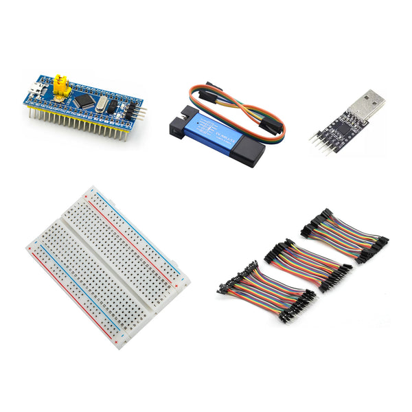 STM32 kit with soldered Blue Pill board, ST-LINK V2 programmer and leads, CP2102 adapter, breadboard and jumper wires.