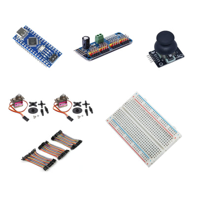 Servo kit with USB-C Nano, PCA9685 driver, joystick, two MG90S servos with accessories, breadboard and jumper wires.