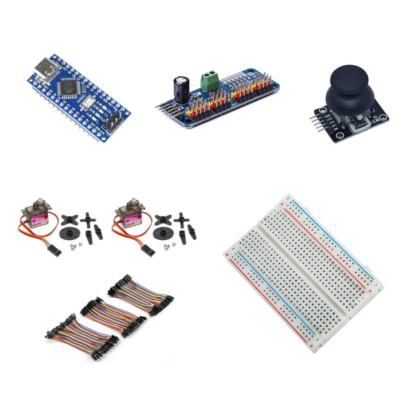 Servo kit with USB-C Nano, PCA9685 driver, joystick, two MG90S servos with accessories, breadboard and jumper wires.