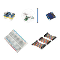 Scale kit with RP2040 Zero, 5kg load cell and HX711 with clear plate and lead, blue OLED, breadboard and jumper wires.
