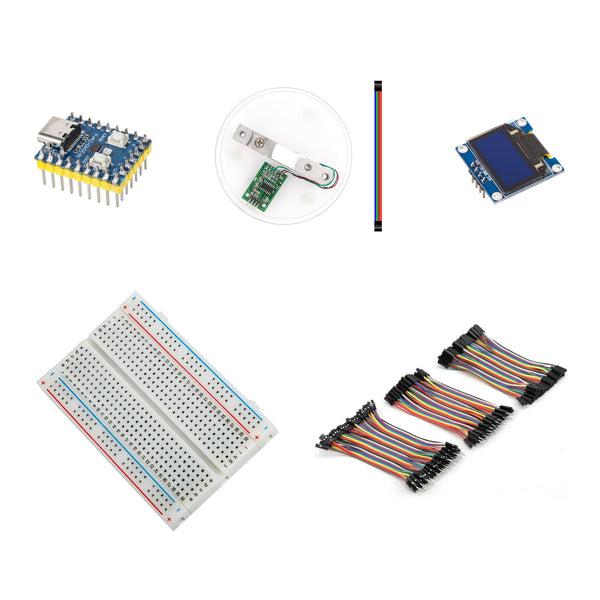 Scale kit with RP2040 Zero, 5kg load cell and HX711 with clear plate and lead, blue OLED, breadboard and jumper wires.