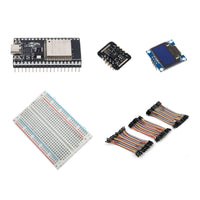 Optical sensing kit with ESP32, MAX30102 sensor, blue OLED display, 400-point breadboard and jumper wire set.