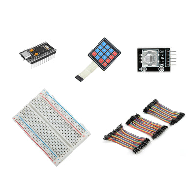 USB macro pad kit with soldered USB-C Pro Micro, 16-key membrane keypad, rotary encoder, breadboard and jumper wires.