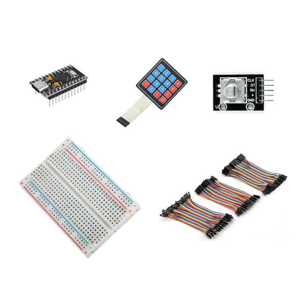 USB macro pad kit with soldered USB-C Pro Micro, 16-key membrane keypad, rotary encoder, breadboard and jumper wires.