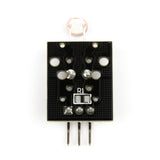 Back side of KY-018 photoresistor light sensor module showing solder points and pins for Arduino and ESP32
