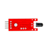 Back side of KY-026 flame sensor module showing red PCB and sensor component pins