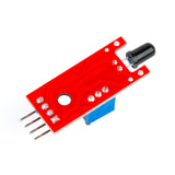 Back side of KY-026 flame sensor module showing red PCB and solder points for Arduino and ESP32 projects