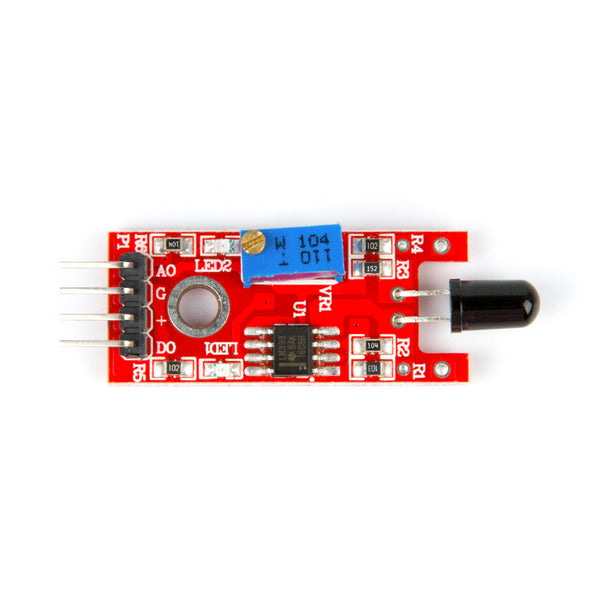 KY-026 flame sensor module with red PCB, adjustable potentiometer, and sensor probe for Arduino and ESP32
