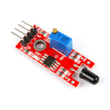KY-026 flame sensor module with red PCB, blue potentiometer, and black sensor bulb for Arduino and ESP32