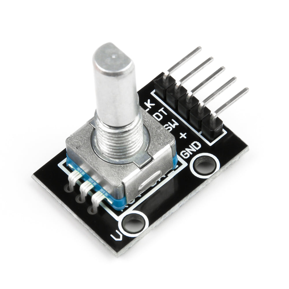 KY-040 rotary encoder module showing metal shaft and pin headers for Arduino projects