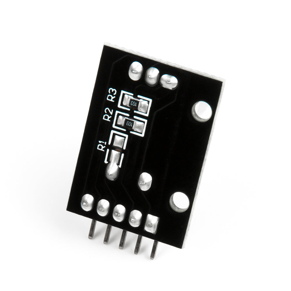Back side of KY-040 rotary encoder module showing soldered pins and resistors for Arduino projects