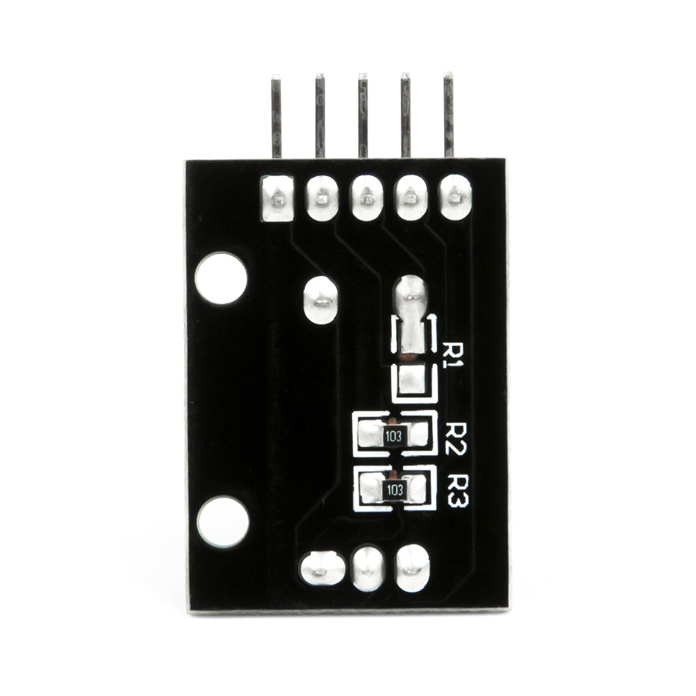 Back side of KY-040 rotary encoder module showing solder points and resistors for Arduino projects